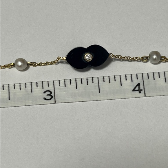 14K Gold + Black Onyx w/ double-sided Diamonds on stationed Pearl chain bracelet - Picture 9 of 14